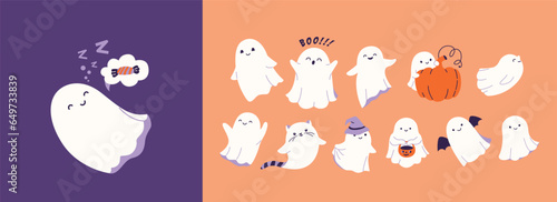 Fototapeta Naklejka Na Ścianę i Meble -  Halloween ghost set vector illustration. Cute funny happy spirits with
