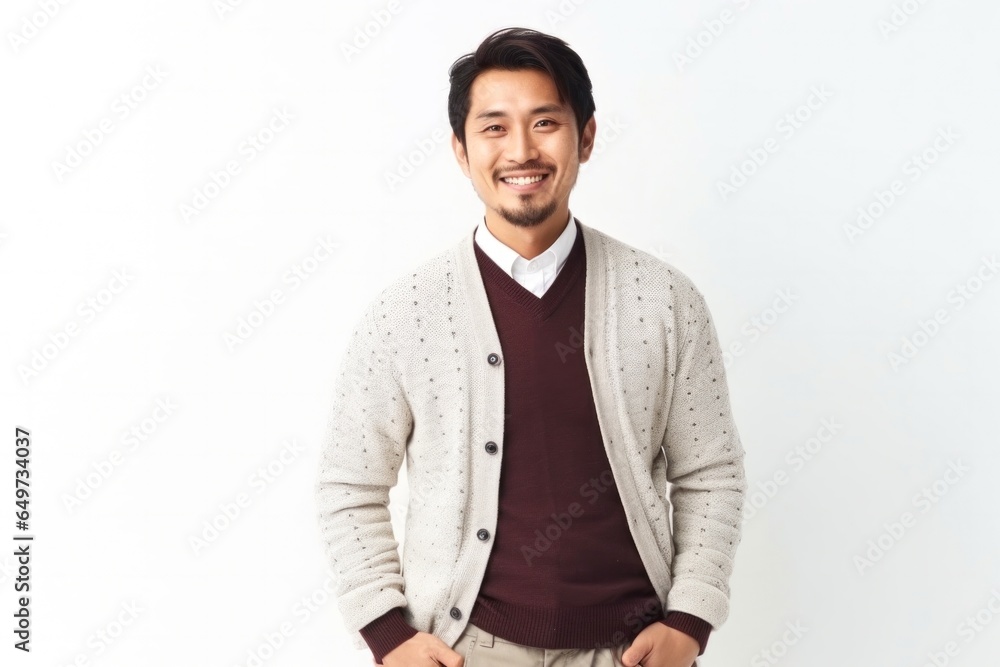 medium shot portrait of a confident Japanese man in his 30s wearing a chic cardigan against a white background medium shot portrait of a confident Japanese man in his 30s wearing a chic cardigan against a white background