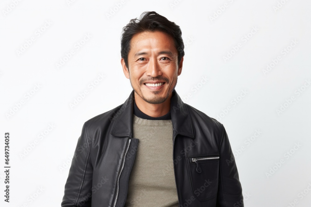 medium shot portrait of a confident Japanese man in his 40s wearing a chic cardigan against a white background medium shot portrait of a confident Japanese man in his 40s wearing a chic cardigan against a white background
