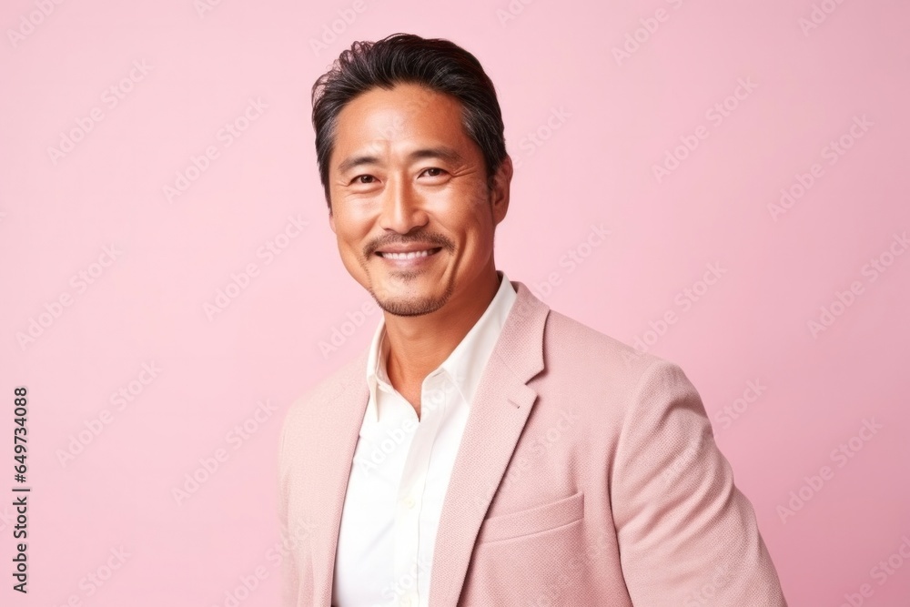 medium shot portrait of a confident Japanese man in his 40s wearing a chic cardigan against a pastel or soft colors background medium shot portrait of a confident Japanese man in his 40s wearing a chic cardigan against a pastel or soft colors background