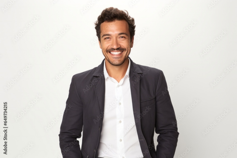 portrait of a Mexican man in his 30s wearing a chic cardigan against a white background portrait of a Mexican man in his 30s wearing a chic cardigan against a white background