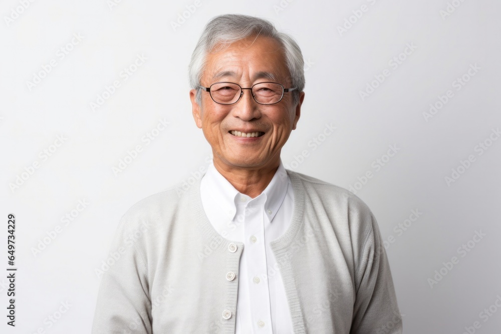 medium shot portrait of a confident Japanese man in his 80s wearing a chic cardigan against a white background medium shot portrait of a confident Japanese man in his 80s wearing a chic cardigan against a white background