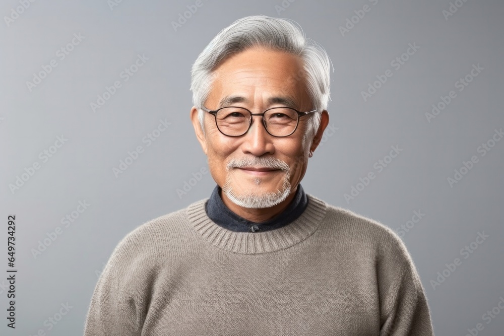 medium shot portrait of a confident Japanese man in his 80s wearing a cozy sweater against an abstract background medium shot portrait of a confident Japanese man in his 80s wearing a cozy sweater against an abstract background