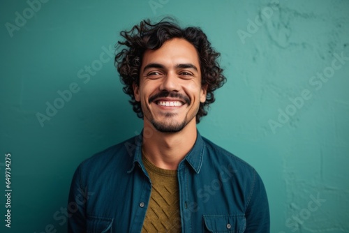 portrait of a Mexican man in his 30s wearing a chic cardigan against an abstract background