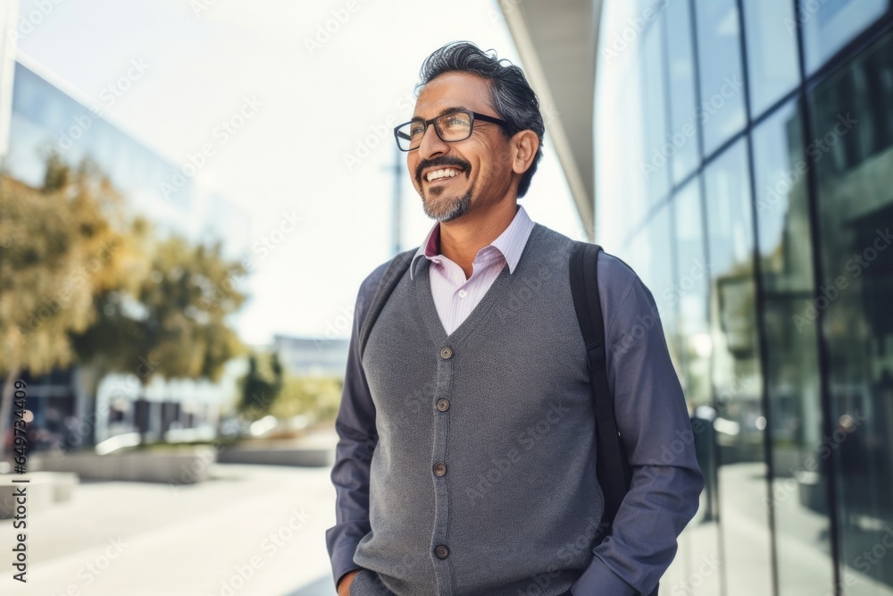portrait of a Mexican man in his 40s wearing a chic cardigan against a modern architectural background portrait of a Mexican man in his 40s wearing a chic cardigan against a modern architectural background