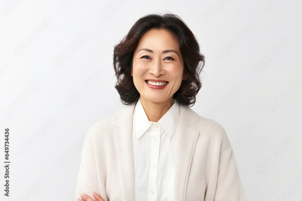 medium shot portrait of a confident Japanese woman in her 40s wearing a chic cardigan against a white background medium shot portrait of a confident Japanese woman in her 40s wearing a chic cardigan against a white background