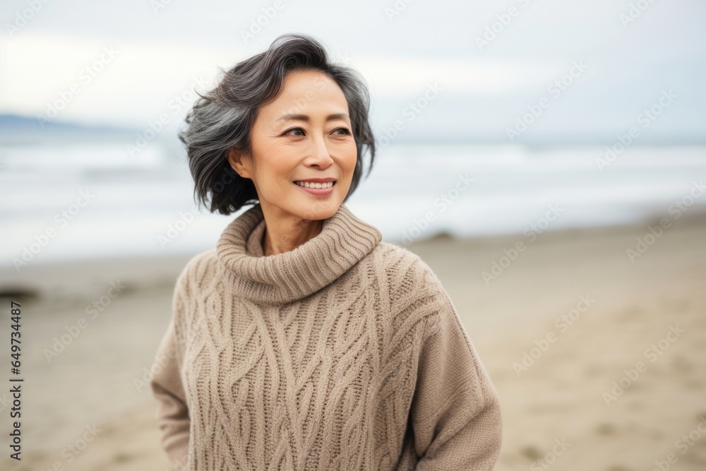 medium shot portrait of a confident Japanese woman in her 40s wearing a cozy sweater against a beach background medium shot portrait of a confident Japanese woman in her 40s wearing a cozy sweater against a beach background