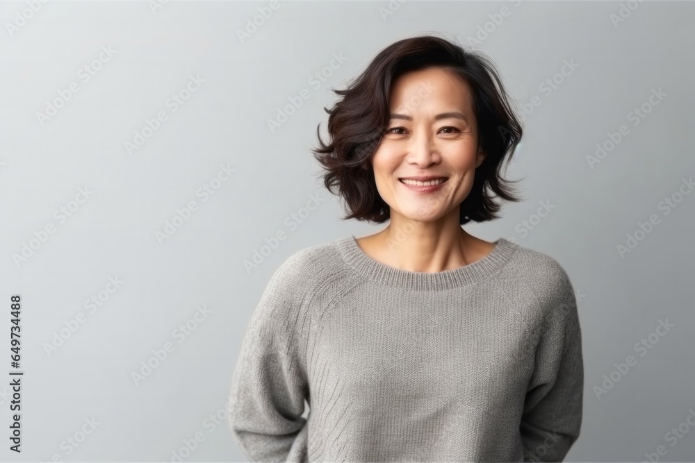 medium shot portrait of a confident Japanese woman in her 40s wearing a cozy sweater against a minimalist or empty room background medium shot portrait of a confident Japanese woman in her 40s wearing a cozy sweater against a minimalist or empty room background