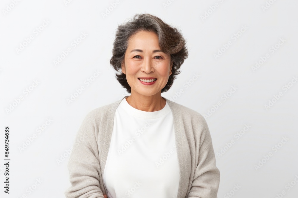 medium shot portrait of a confident Japanese woman in her 50s wearing a chic cardigan against a white background medium shot portrait of a confident Japanese woman in her 50s wearing a chic cardigan against a white background