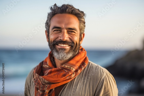 portrait of a Mexican man in his 40s wearing a foulard against a beach background