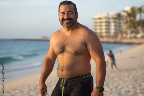 portrait of a Mexican man in his 40s wearing a pair of leggings or tights against a beach background