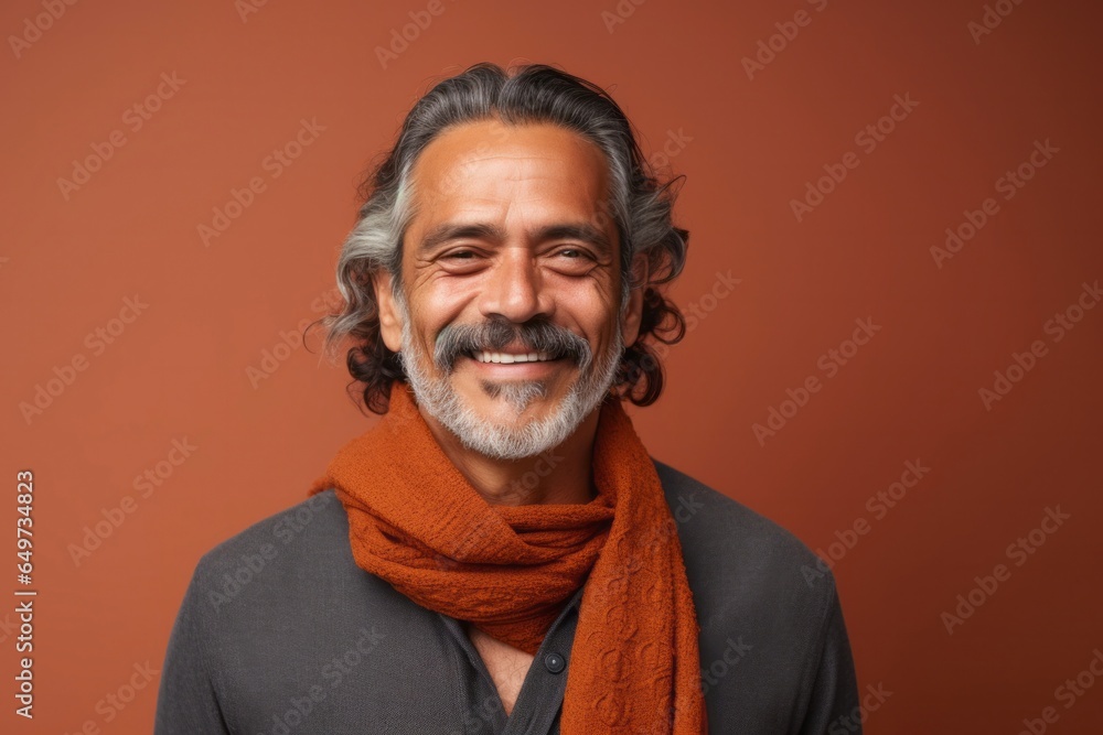 portrait of a Mexican man in his 50s wearing a foulard against a minimalist or empty room background portrait of a Mexican man in his 50s wearing a foulard against a minimalist or empty room background