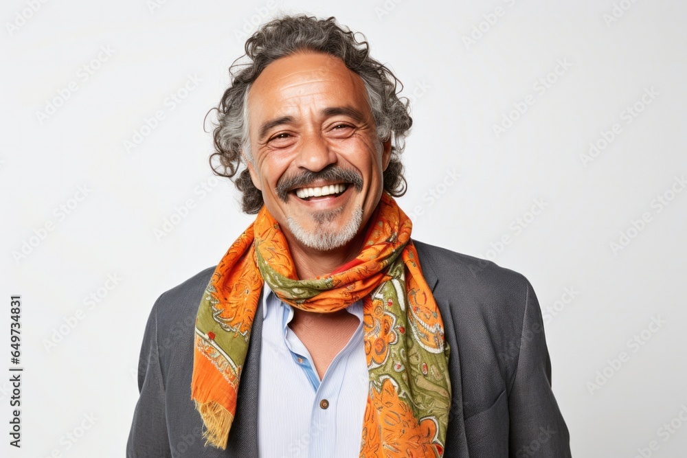 portrait of a Mexican man in his 50s wearing a foulard against a white background portrait of a Mexican man in his 50s wearing a foulard against a white background