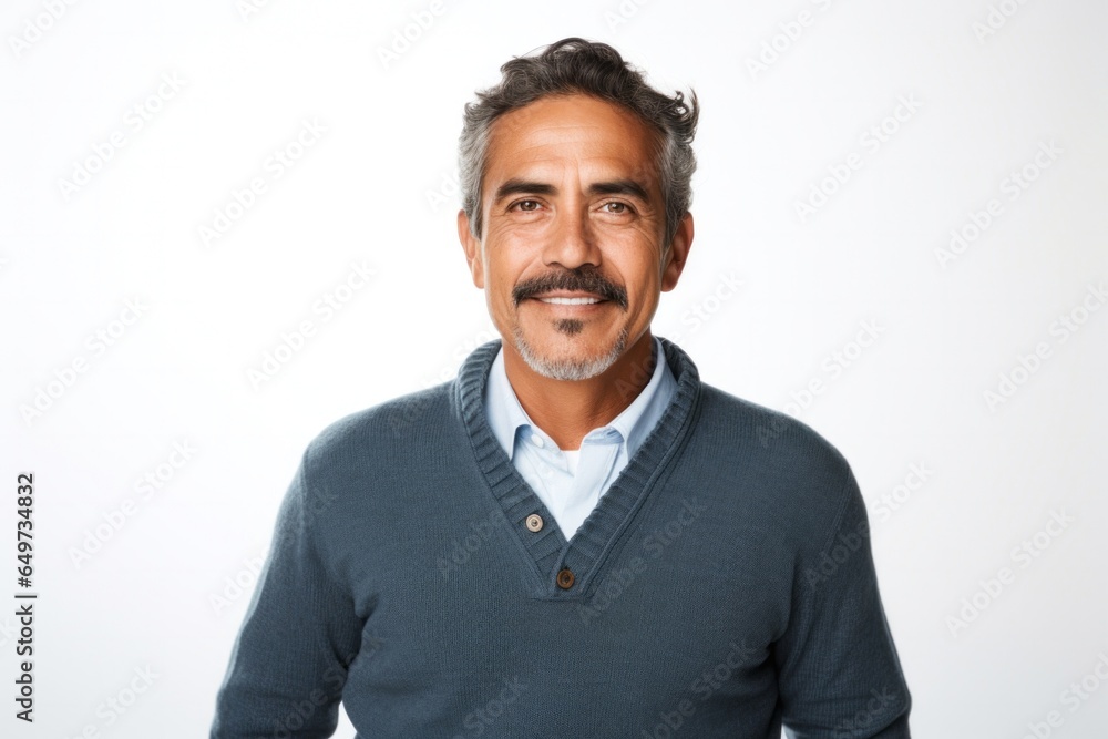 portrait of a Mexican man in his 50s wearing a chic cardigan against a white background portrait of a Mexican man in his 50s wearing a chic cardigan against a white background