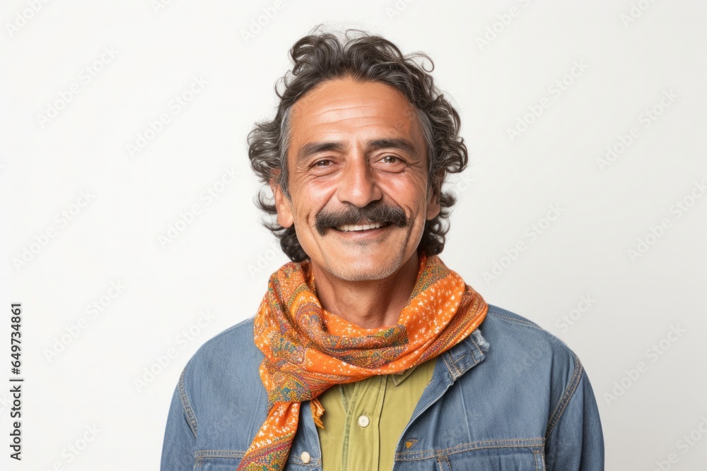 portrait of a Mexican man in his 50s wearing a foulard against a white background portrait of a Mexican man in his 50s wearing a foulard against a white background