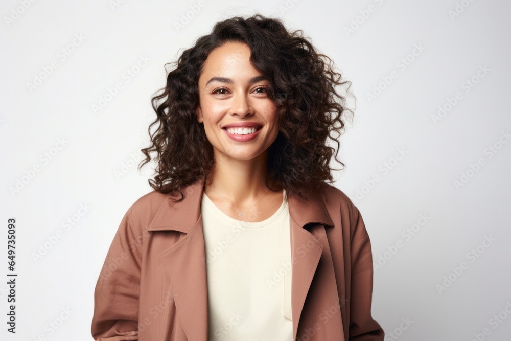 portrait of a Mexican woman in her 30s wearing a chic cardigan against a white background portrait of a Mexican woman in her 30s wearing a chic cardigan against a white background