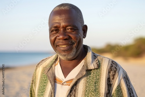 medium shot portrait of a confident Kenyan man in his 50s wearing a chic cardigan against a beach background