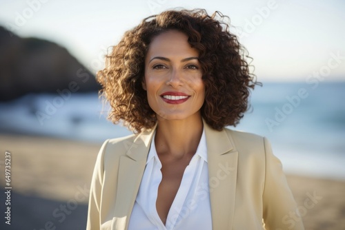 portrait of a Mexican woman in her 40s wearing a classic blazer against a beach background
