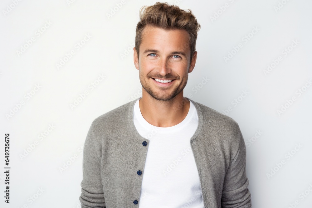 portrait of a Polish man in his 20s wearing a chic cardigan against a white background portrait of a Polish man in his 20s wearing a chic cardigan against a white background