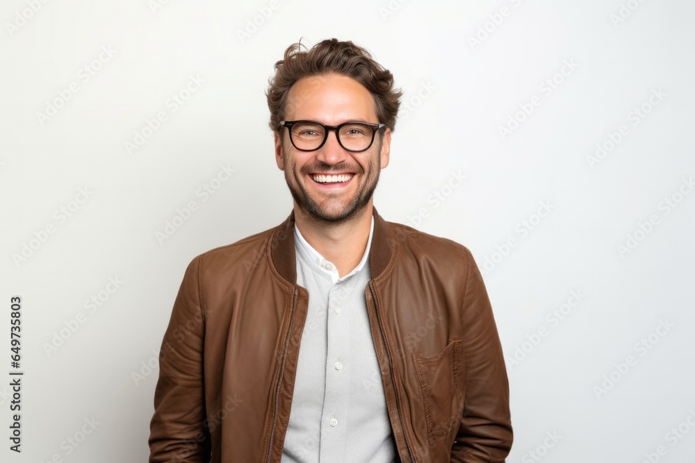 portrait of a Polish man in his 30s wearing a chic cardigan against a white background portrait of a Polish man in his 30s wearing a chic cardigan against a white background