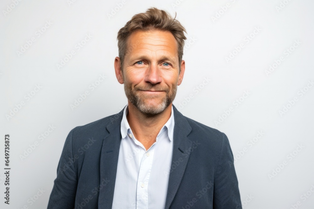 portrait of a Polish man in his 40s wearing a chic cardigan against a white background portrait of a Polish man in his 40s wearing a chic cardigan against a white background