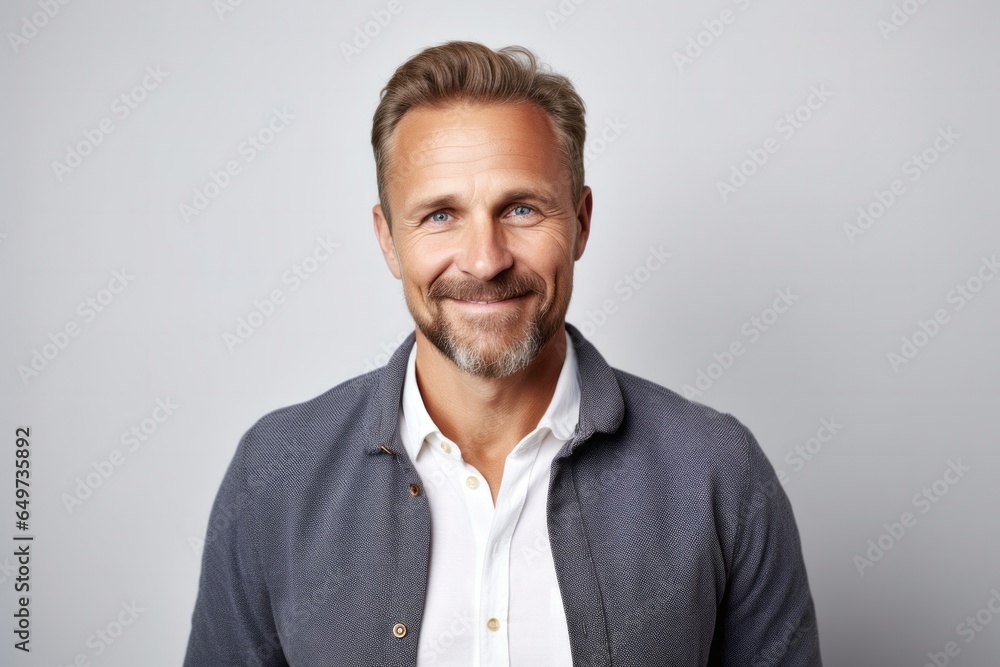 portrait of a Polish man in his 40s wearing a chic cardigan against a white background portrait of a Polish man in his 40s wearing a chic cardigan against a white background
