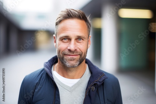 portrait of a Polish man in his 40s wearing a chic cardigan against a white background