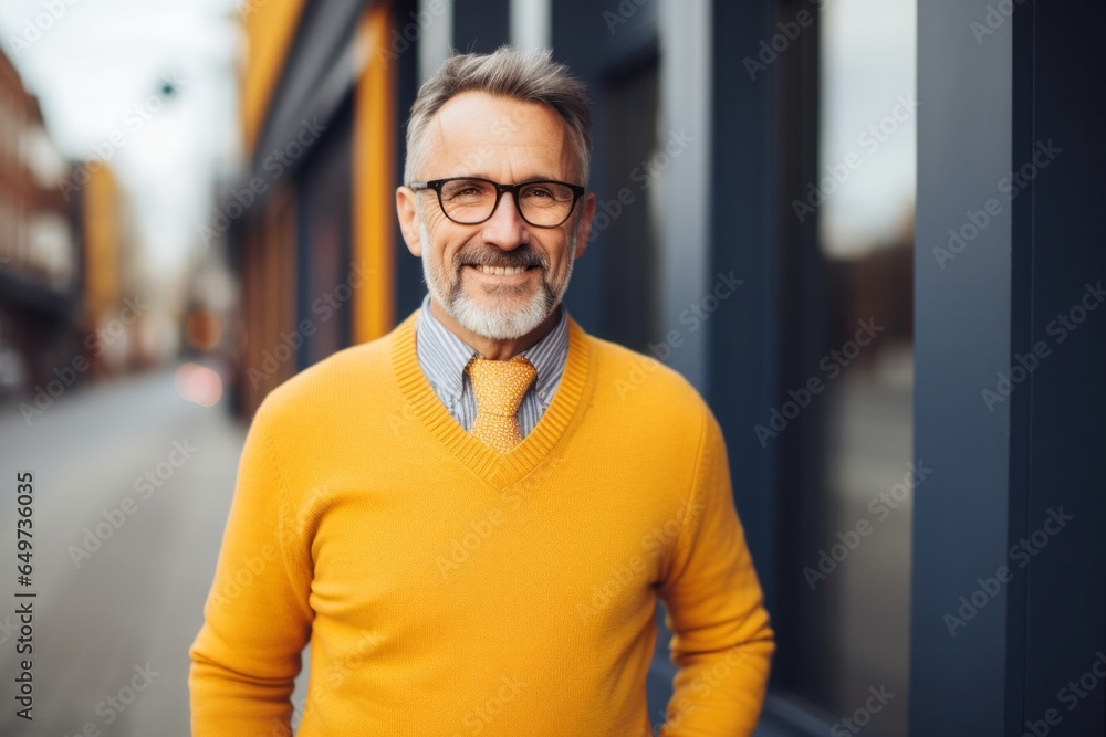 portrait of a Polish man in his 50s wearing a chic cardigan against an abstract background portrait of a Polish man in his 50s wearing a chic cardigan against an abstract background