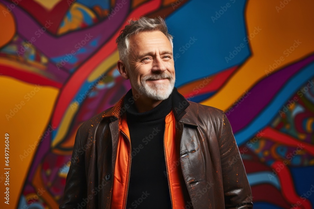 portrait of a Polish man in his 50s wearing a chic cardigan against an abstract background portrait of a Polish man in his 50s wearing a chic cardigan against an abstract background