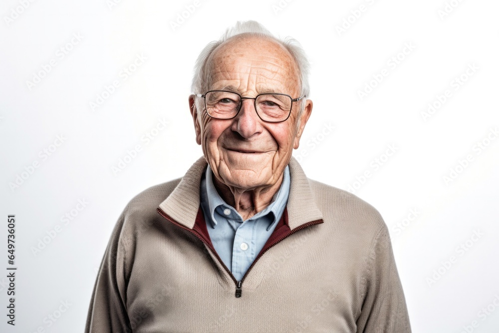 portrait of a Polish man in his 90s wearing a chic cardigan against a white background portrait of a Polish man in his 90s wearing a chic cardigan against a white background