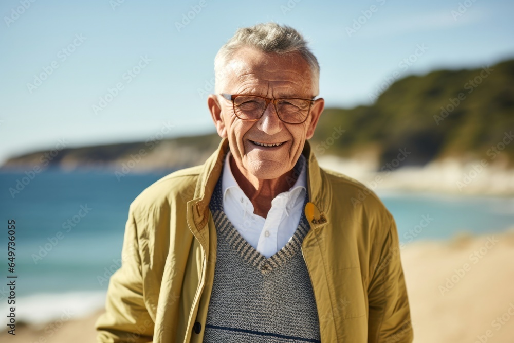 portrait of a Polish man in his 80s wearing a chic cardigan against a beach background portrait of a Polish man in his 80s wearing a chic cardigan against a beach background