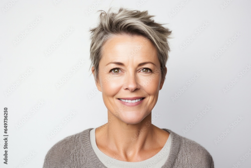 portrait of a Polish woman in her 40s wearing a chic cardigan against a white background - obrazy, fototapety, plakaty 