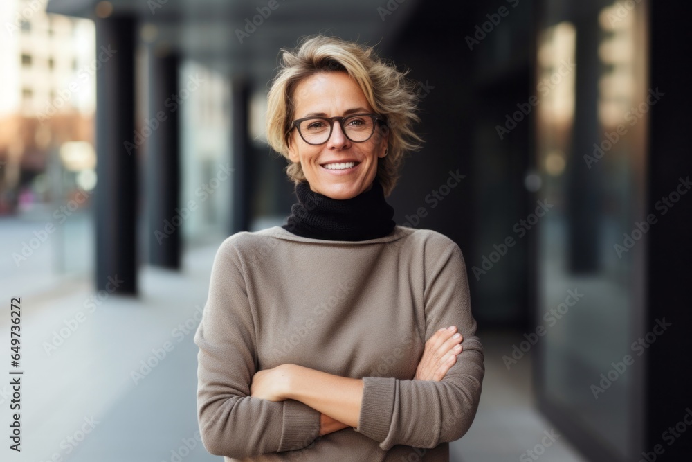 portrait of a Polish woman in her 40s wearing a cozy sweater against a modern architectural background