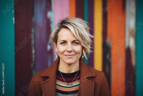 portrait of a Polish woman in her 40s wearing a chic cardigan against an abstract background