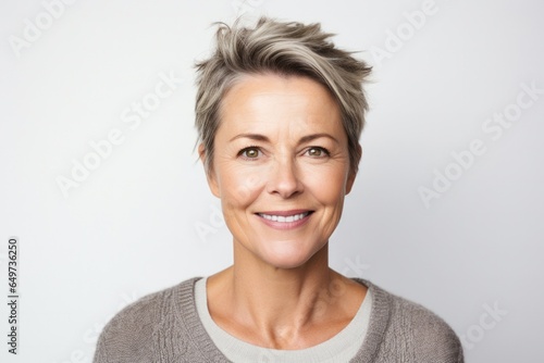 portrait of a Polish woman in her 40s wearing a chic cardigan against a white background