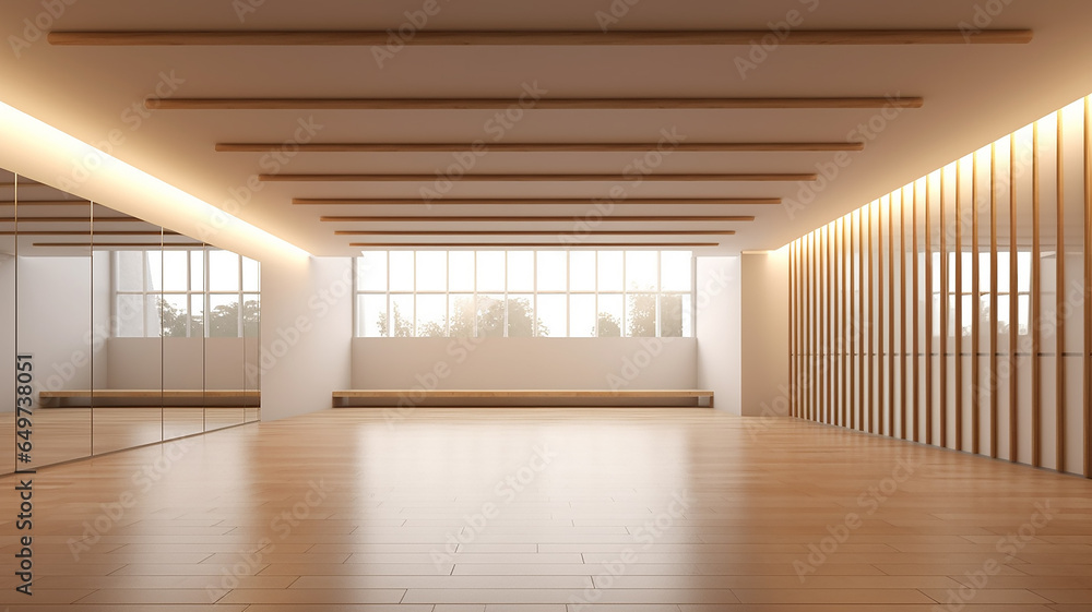 panoramic empty gym with windows for ballet classes. - obrazy, fototapety, plakaty 