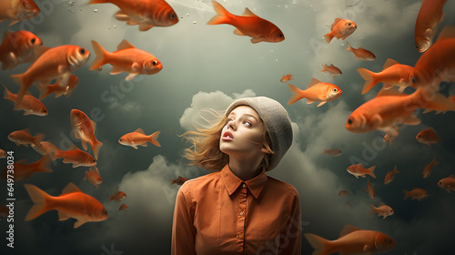 surreal portrait of a woman with gold fish