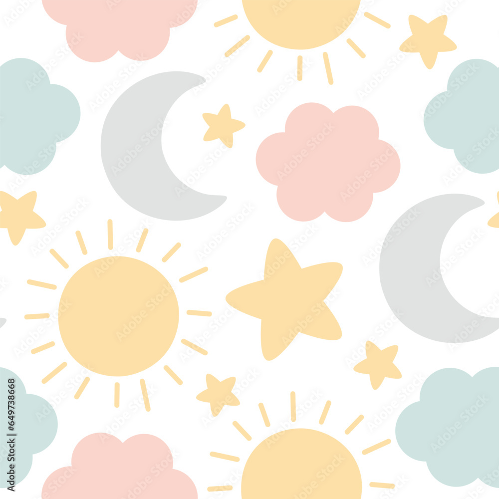 Moon, Sun, Cloud and Stars Cute Seamless Pattern, Cartoon Vector Illustration, Cute Kawaii Cartoon Drawn Background, Isolated Background Moon, Sun, Cloud and Stars Cute Seamless Pattern, Cartoon Vector Illustration, Cute Kawaii Cartoon Drawn Background, Isolated Background