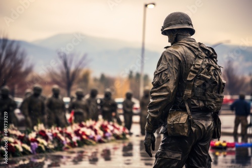 A statue of a soldier standing in front of a memorial. This image captures the solemnity and reverence of a memorial dedicated to fallen soldiers. It can be used to honor and remember those who have s