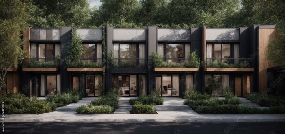  Step into a world of modern luxury with these modular private townhouses, featuring stunning renderings that showcase the intricate details of each unit, from the sleek metal accents to the lush gree