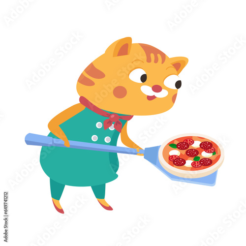 Cute pizzaiolo cat with pizza on shovel. Cartoon funny character for design. Food and professions. Vector illustration. 