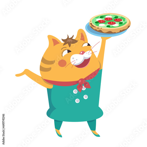 Cute pizzaiolo cat with pizza on plate. Cartoon funny character for design. Food and professions. Vector illustration. 
