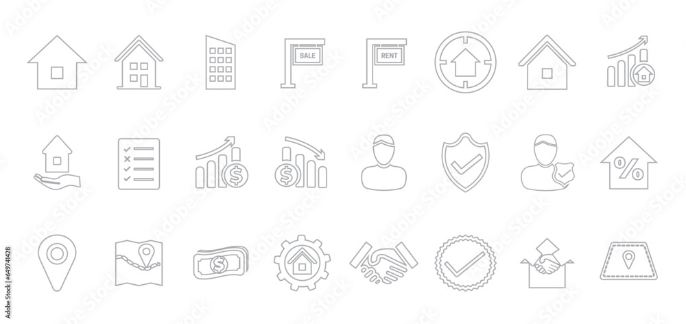 Outline Real Estate Icon Set of Home, House, Apartment, Buying, Renting, Searching, Investment, Choosing, Wishlist, Low High Price, Owner, Insurance, Agent, Loan, Location, Area, Price, Process, Deal, Outline Real Estate Icon Set of Home, House, Apartment, Buying, Renting, Searching, Investment, Choosing, Wishlist, Low High Price, Owner, Insurance, Agent, Loan, Location, Area, Price, Process, Deal,