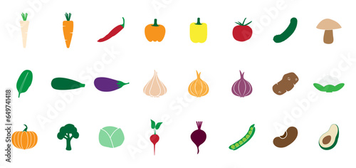 Vegetables Icon Set of Parsey Root, Carrot, Chilli, Paprika, Pepper, Tomato, Cucumber, Mushroom, Spinach, Zucchini, Eggplant, Garlic, Onion, Potato, Tomato, Cauliflower, Pumpkin, Broccoli, Cabbage, Ra