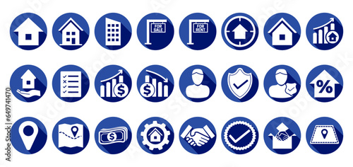 Blue Flat Real Estate Round Icon Set of Home, House, Apartment, Buying, Renting, Searching, Investment, Choosing, Wishlist, Low High Price, Owner, Insurance, Agent, Loan, Location, Area, Price, Proces