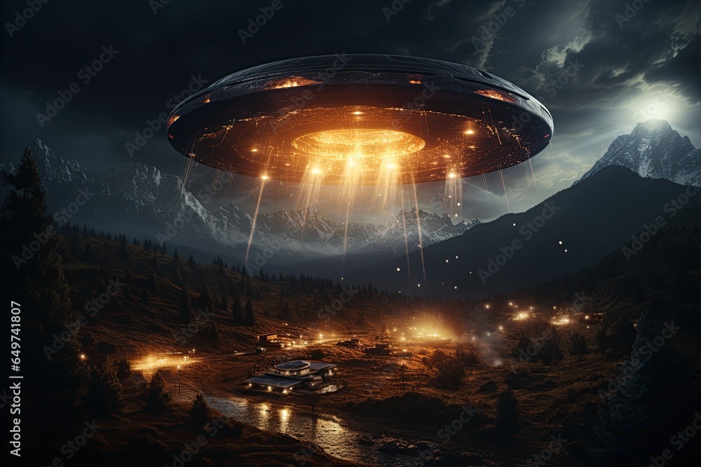 UFO Sighting: A mysterious unidentified flying object captured in the night sky,Generated with AI