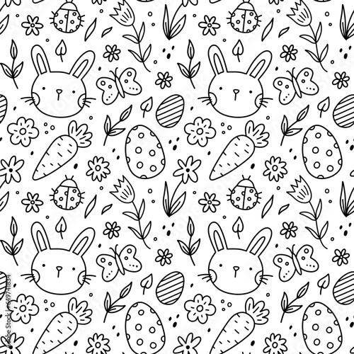 Cute seamless pattern with Easter eggs, bunnies, butterflies, ladybugs, carrots and flowers. Vector hand-drawn doodle illustration. Perfect for holiday designs, print, decorations, wrapping paper.