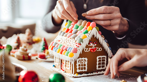 Close-up of woman decorating a gingerbread house with colorful icing and candy in preperation for christmas in winter