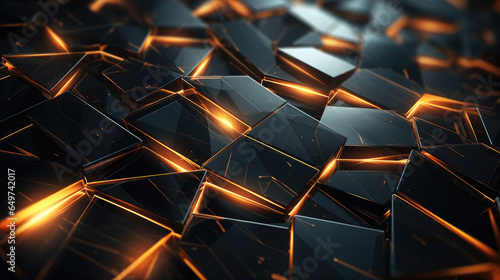 Abstract image of black cubes with glowing cracks and gold light.