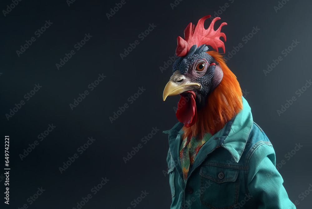 Image of portrait of an rooster hip hop outfit costume, Fashion. Illustration, Generative AI.